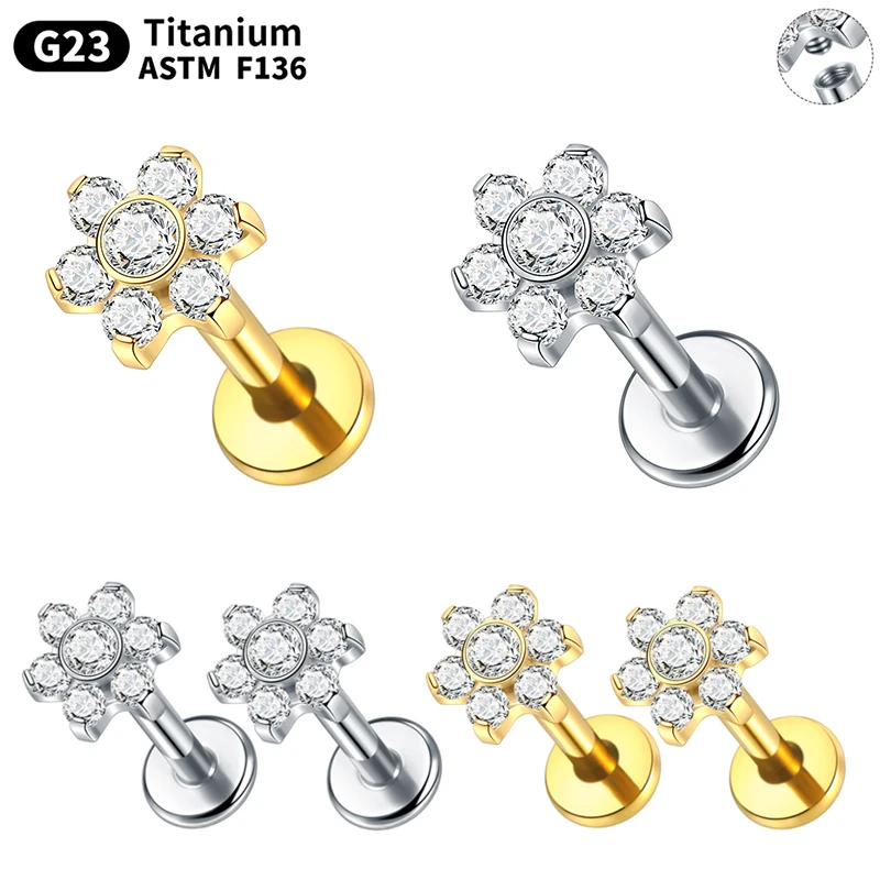 1PC Flower Ear Cartilage Earring Flat Back Stud Earrings Titanium Labret Lip Pirsing Monroe Helix Tragus Piercing Stud Women 16G