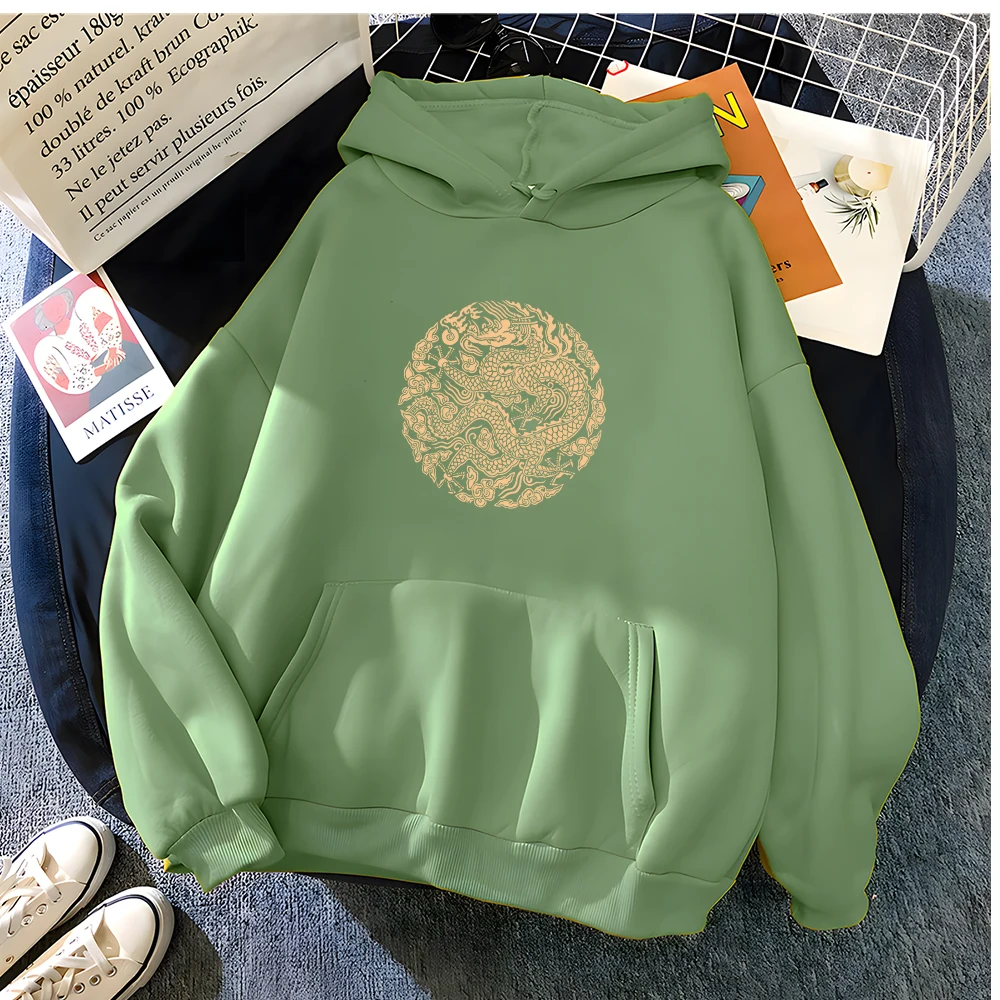 Hirsionsan High Street Dragon Print Hoodies Women Soft Oversized Sportwear Female Sweatshirt Streetwear Fleece Girls Clothes