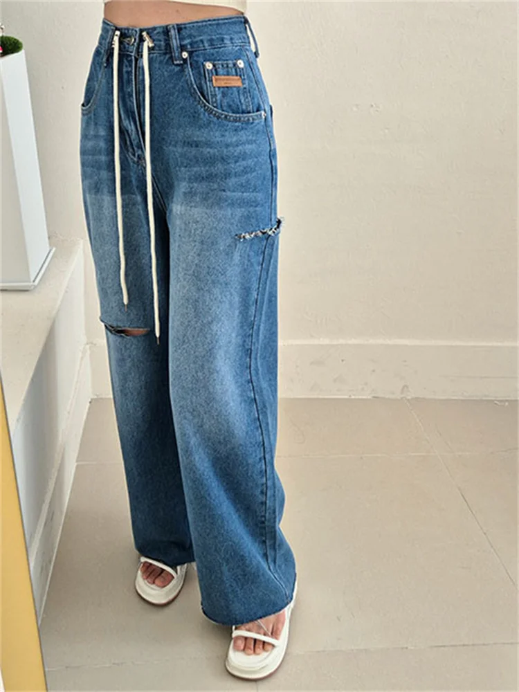 

SML 2Colors 2024 Autumn women high wiast Loose Ripped White jeans streetwear trouser Lace up Wide Leg denim pants womens (xh6677