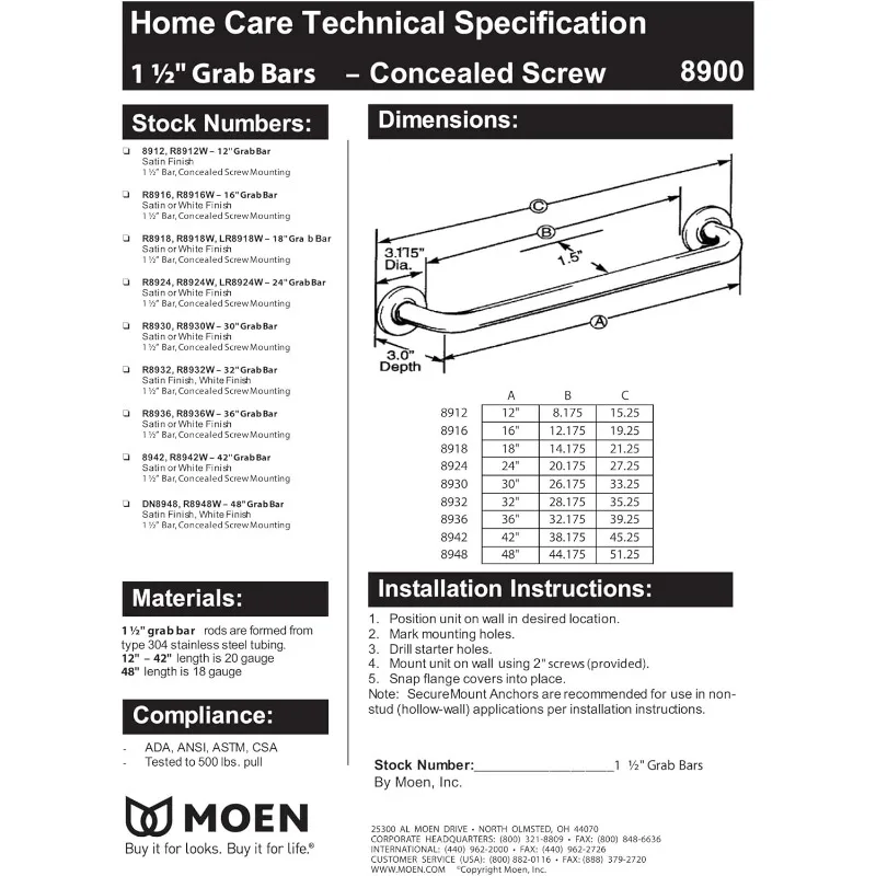 Moen-隠しネジ付きバスルーム安全グラブバー、氷河ホワイト、32インチ、r8932w