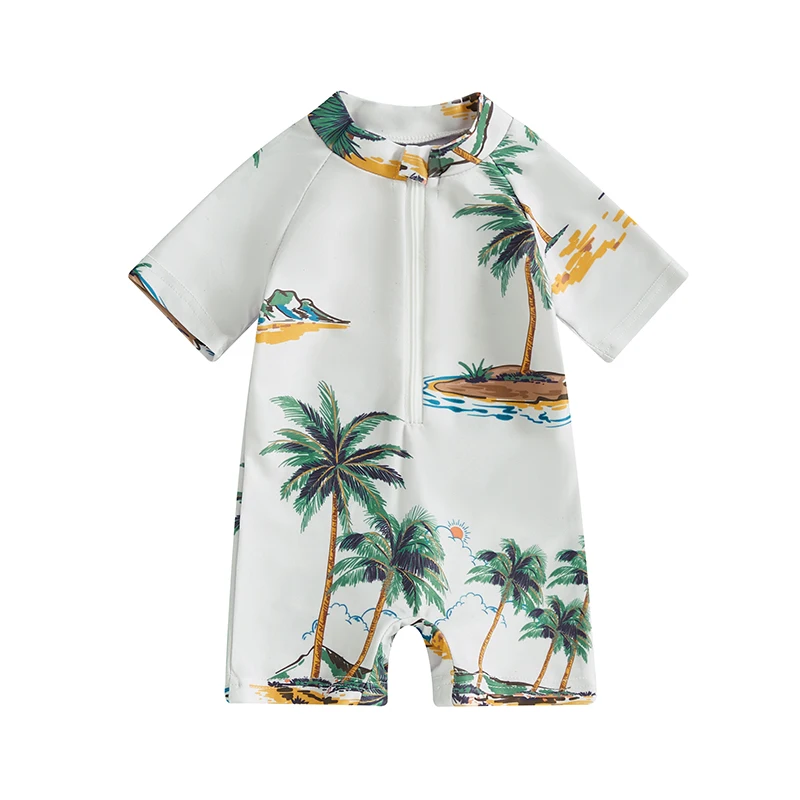 

Toddler Boy Girl Rash Guard Swimsuit Coconut Tree Print Short Sleeve Mock Neck Zip Bathing Suit