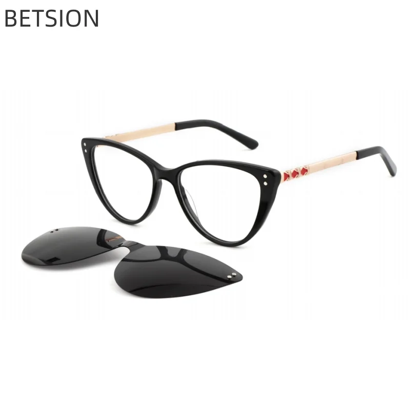 

BETSION Cat Eye Sunglasses for Women Clip on Hand Made High Quality Optical Sun Glasses Outdoor Driving Acetate Eyeglasses Men