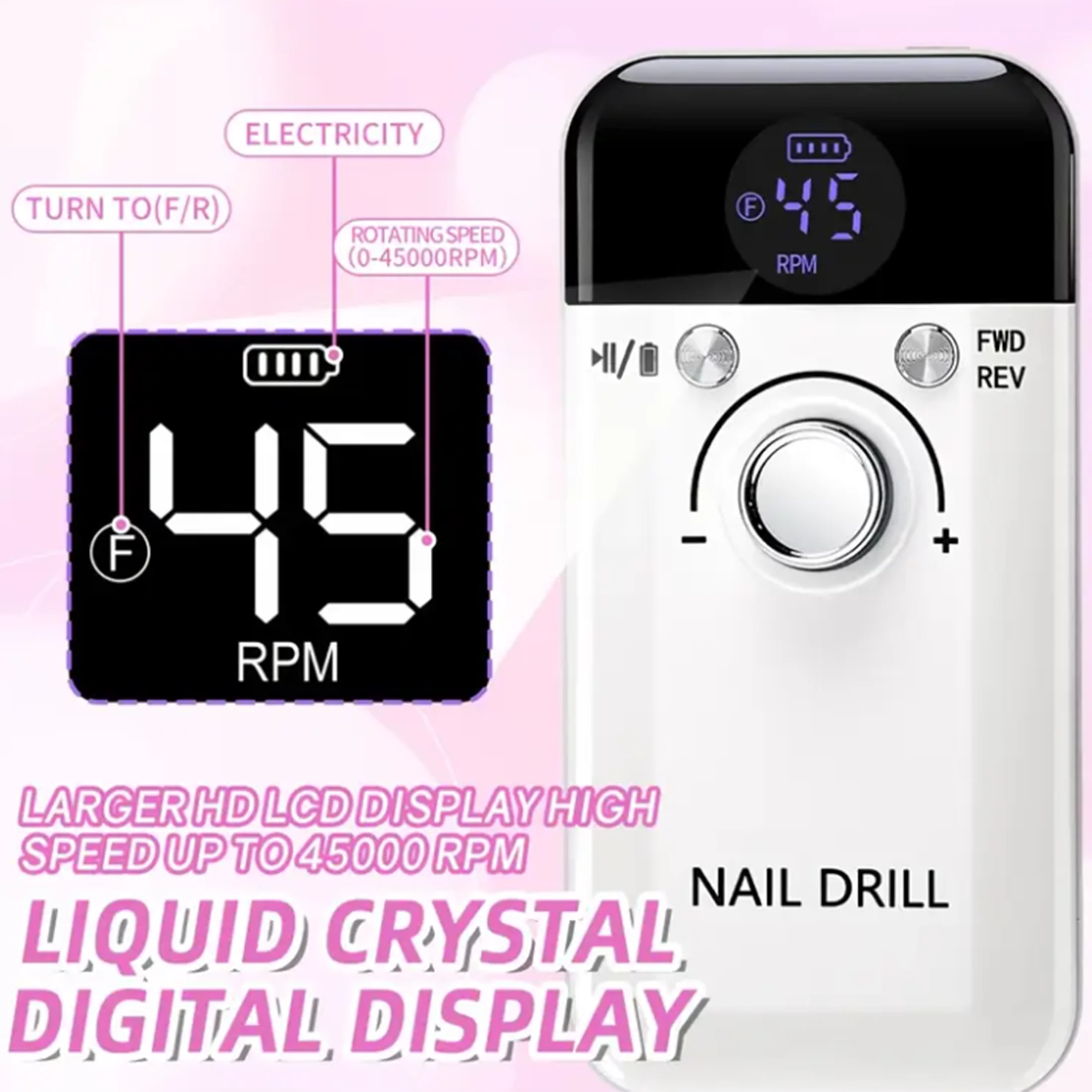 Elektryczna wiertarka do paznokci o prędkości 45 000 obr./min, z wyświetlaczem LCD, akumulatorowa, do polerowania lakieru żelowego.