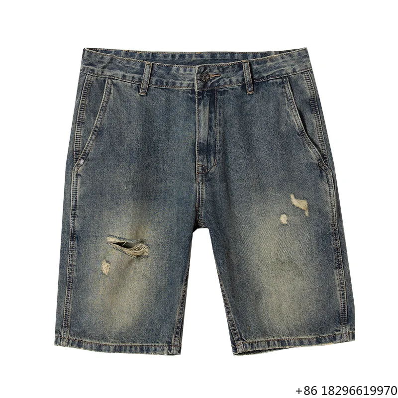 High Quality Summer New Vintage Casual Light Wash Men's Straight Denim Shorts with Five-minute Pants and Broken Holes