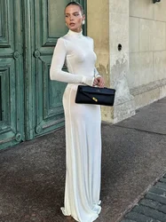 Moda dolcevita lunghi Maxi abiti per le donne 2024 autunno elegante manica lunga tinta unita aderente abito da sera High Street