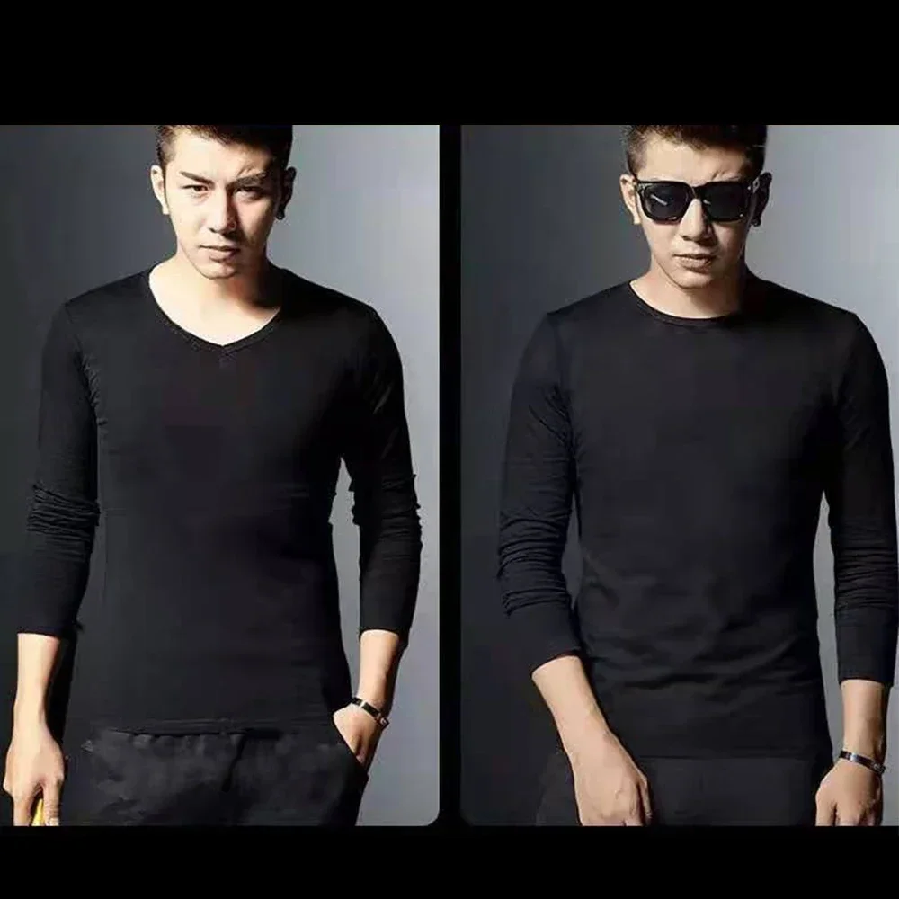 Autumn Winter Men O/v-neck Thermal Underwear Tops Thin Fleece Thickened T-Shirts Slim Bottom Warm Man Clothing