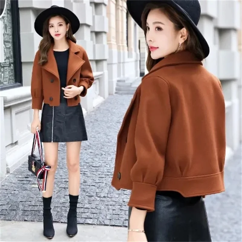 Ladies Loose Fitting Woolen Outwear  Autumn Winter Female Short Wool Blend Coat Korean Women Fashion Long Sleeves Tops Jacket