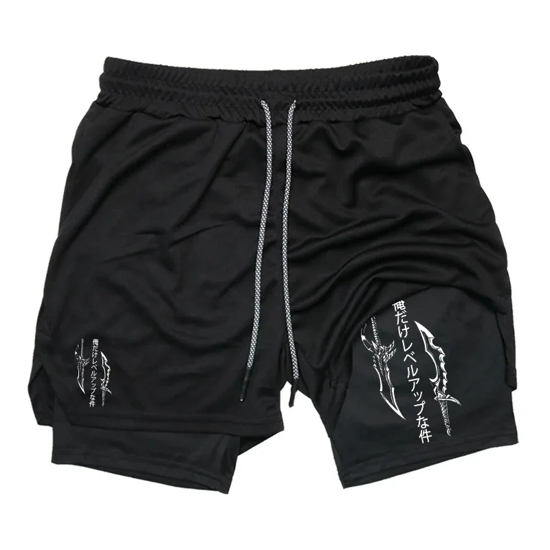 Solo Leveling Print 2in1 Running Workout Shorts for Men Gym Performance Compression Shorts with Phone Loop Athletic Activewear