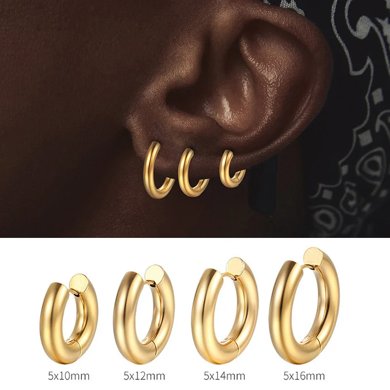 Stainless Steel Hoop Earring For Men Women Simple Hip Hop Rock Gold Color Piercing Punk Chic Jewelry Korean Chunky Earrings