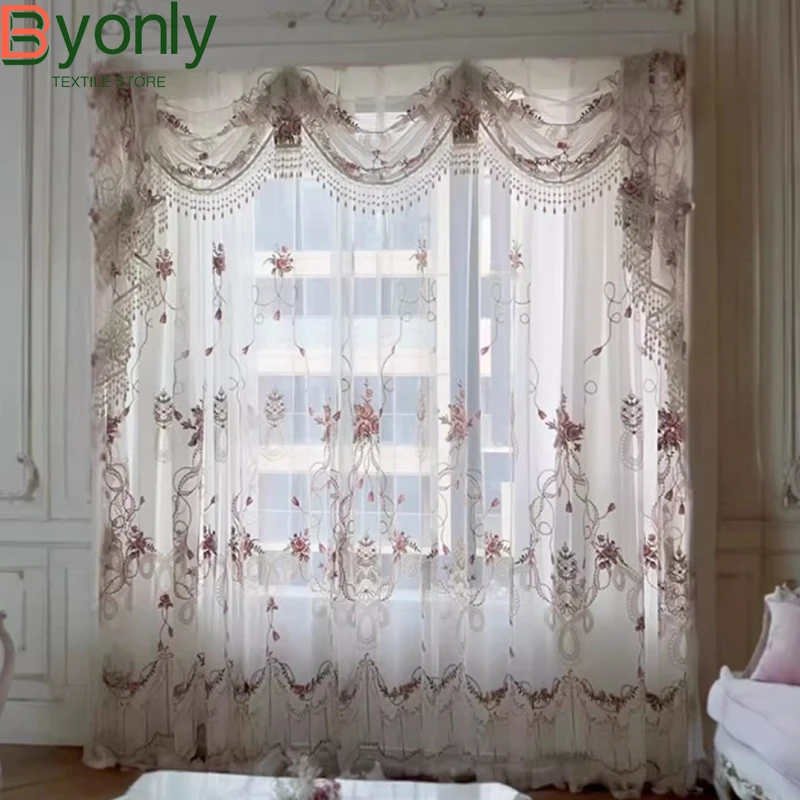 

Оконная ширма с вышивкой розы, белые марлевые кружевные шторы для гостиной, спальни, окна от пола до потолка, эркер, вилла на заказ