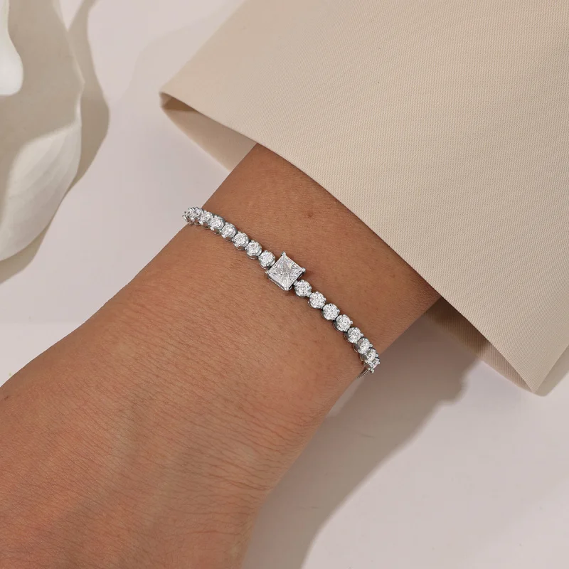 S925 Silver Plated with 18K Gold, Moissanite Princess-Cut Channel-Set Bracelet — Adjustable Length, Fine Jewelry Wholesale