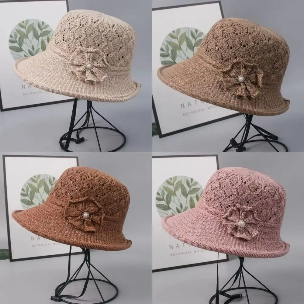 قبعة منسوجة من الزهور واللؤلؤ للحماية من الشمس، قابلة للطي وقابلة للتنفس، قبعة مضفرة على شكل زهرة مريحة في الارتداء، قبعة صياد السمك المحبوكة للنساء