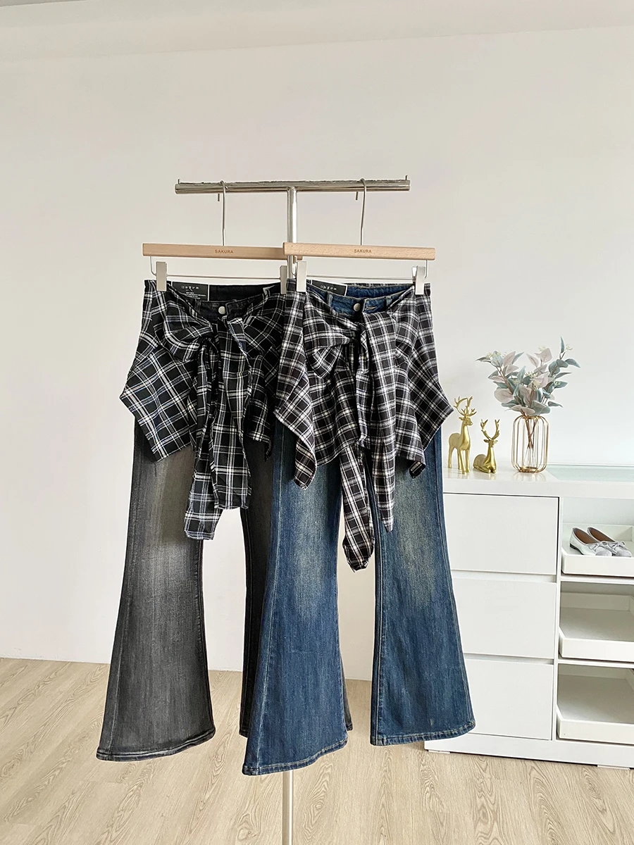 

High Waist Slim Fit Denim Jeans Retro American Style Checkered Skirt Set Women's Fashion Autumn Collection Spicy Girl