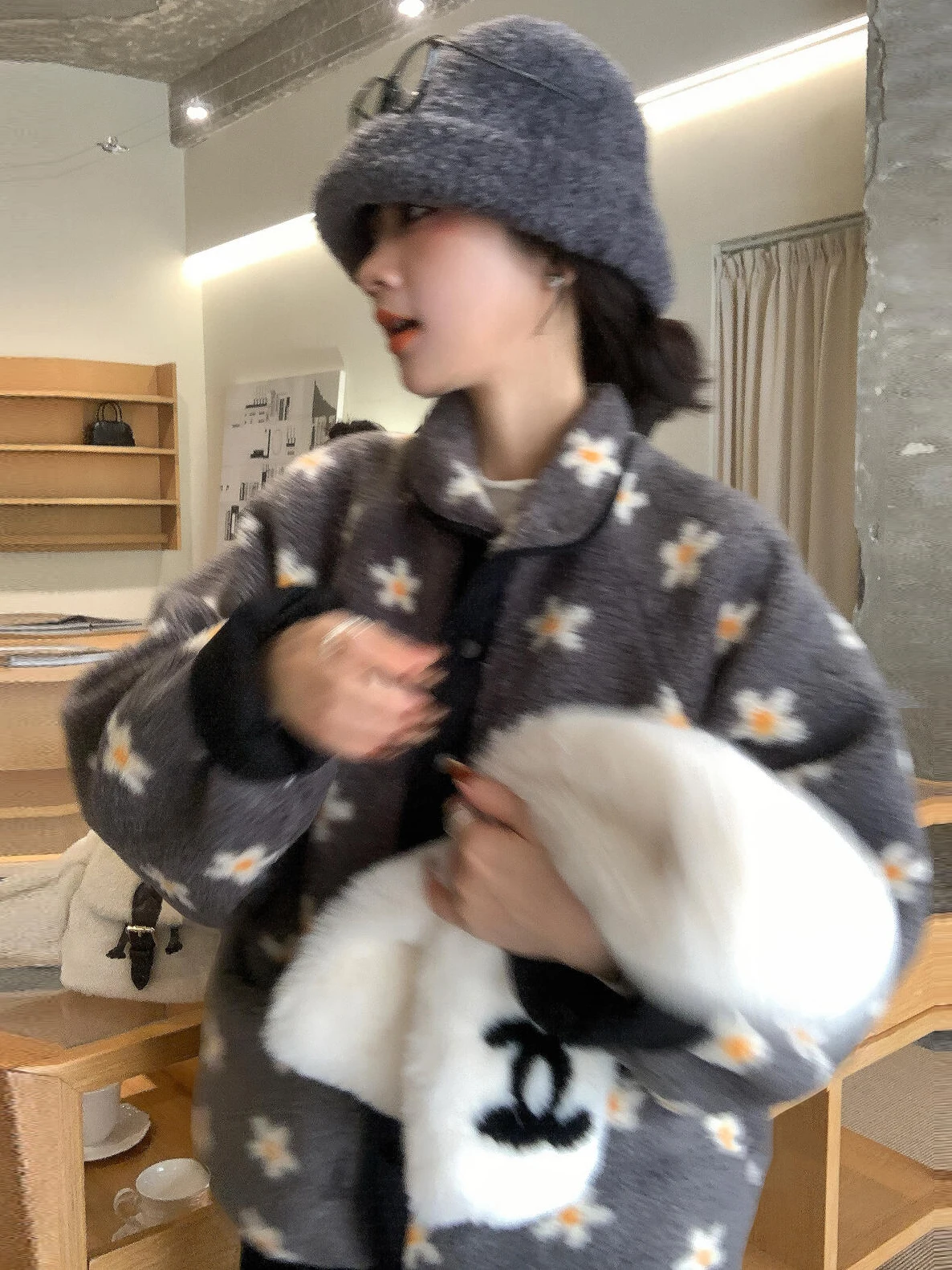 الكورية Sle الدفء eepskin المرأة ort معطف ربيع الخريف الشتاء الأزهار طباعة فروي Jaet لطيف الحلو تقليل العمر