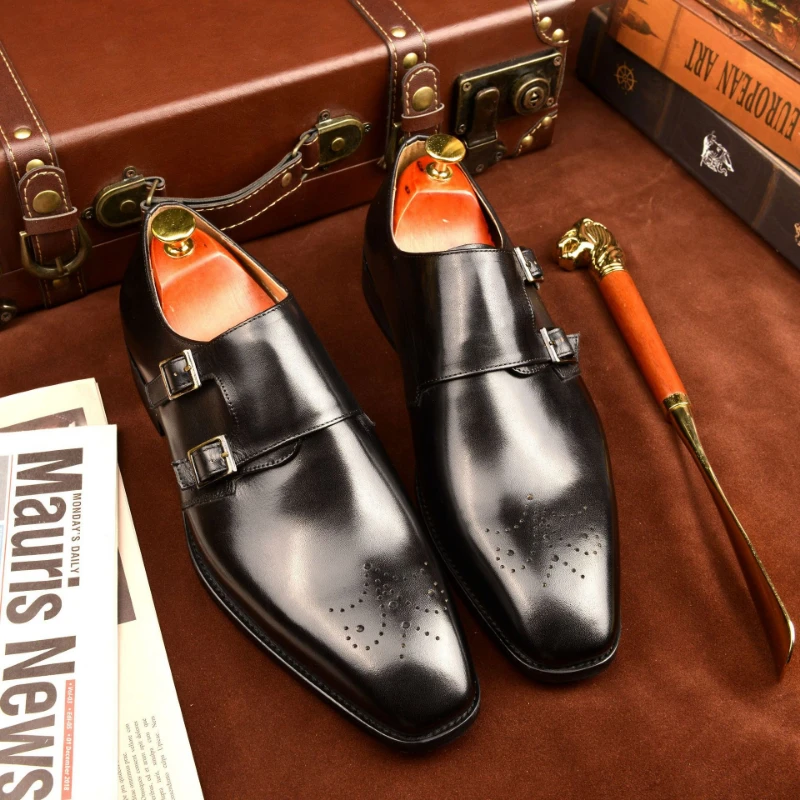 Double Buckle Mengke Shoes Men's Goodyear Shoes Men's Suit One Foot Square Toe Handmade Leather Shoes Men's