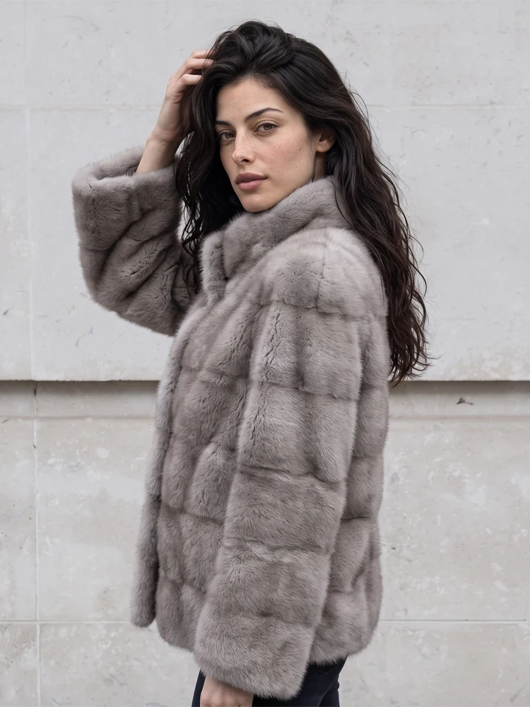 Women Mid Length Plush Faux Mink Fur Coat Stand Collar Horizontal Panel Thick Winter Jacket Soft Warm Elegant  Outer Garment