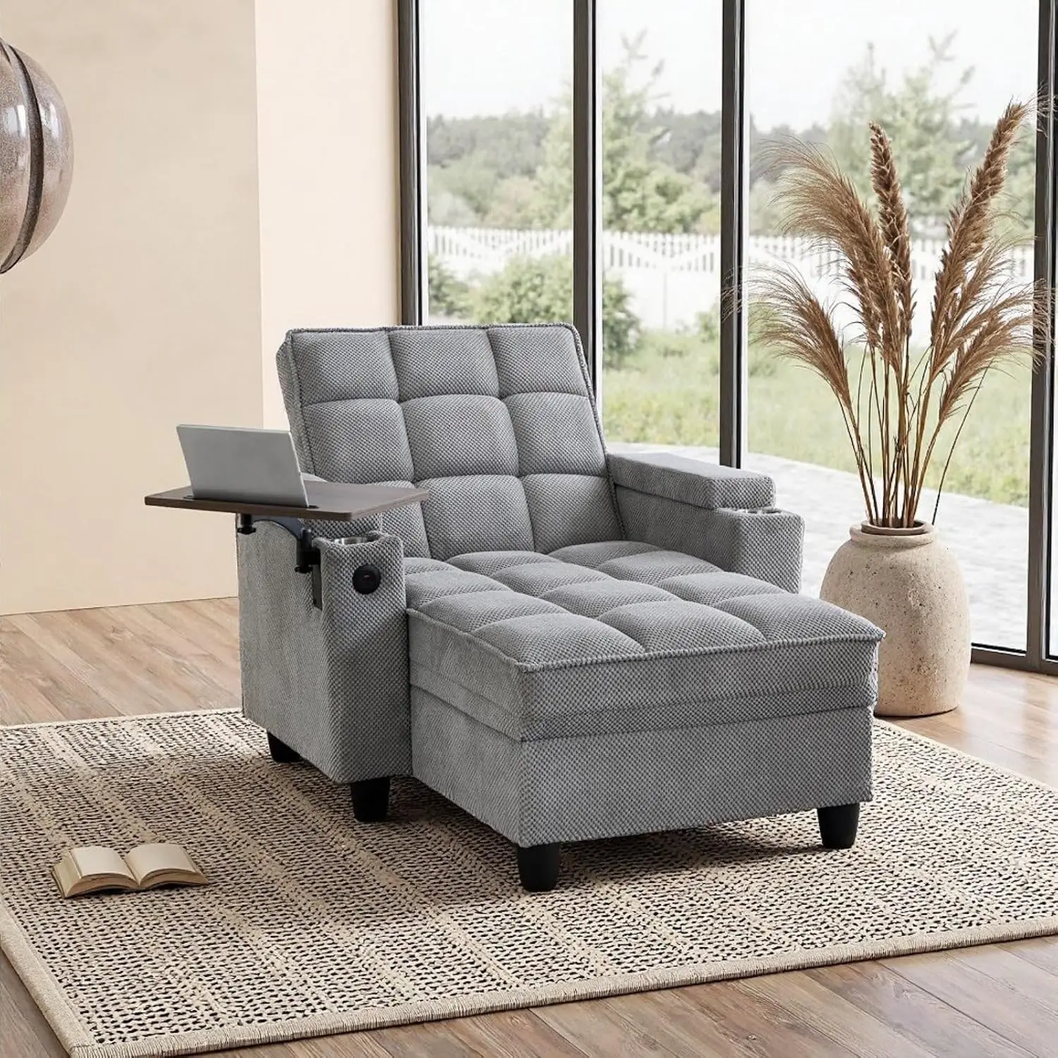 Tufted Linen Chaise Lounge with Table, Storage, Pillow, USB & Adjustable Backrest for Living Room, Light Gray, Customized