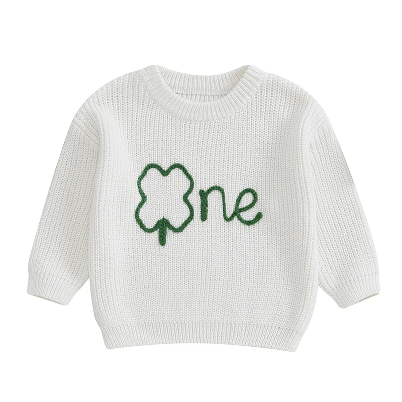 Baby Boy Girl Birthday Sweater Clover Letter Embroidery Crew Neck Long Sleeve Pullover Knit Tops Irish Clothes