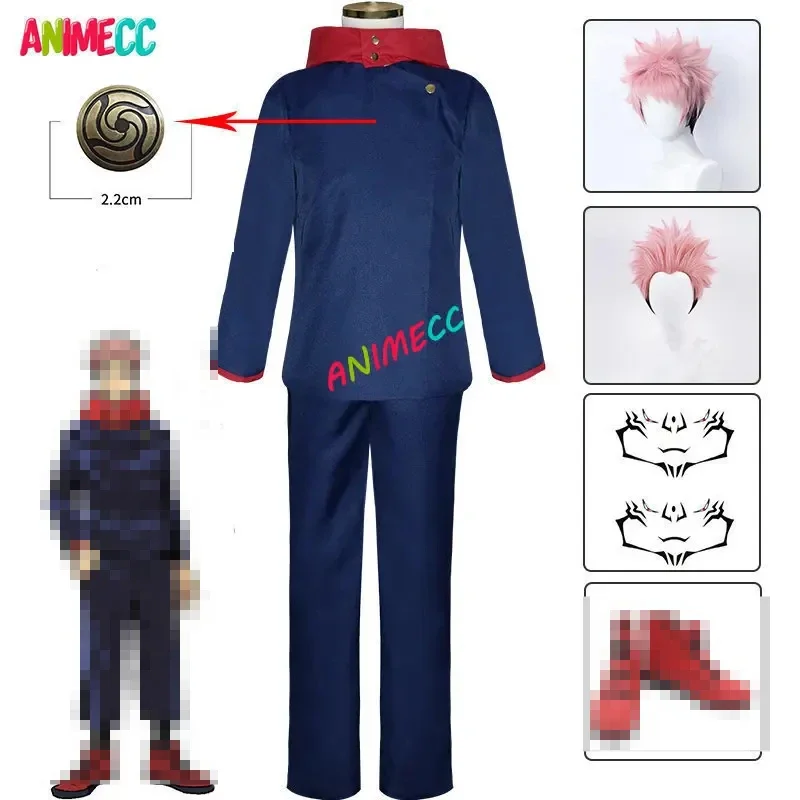 ANIMECC in Stock XS-XL Itadori Yuji Cosplay Costumes Wig Shoes Tattoo Anime Halloween Party Uniform Set Carnival for Men Women