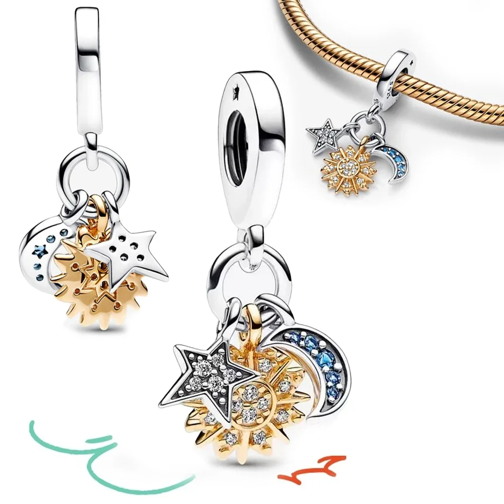 Original 925 Sterling Silver Sun Moon Star Triple Celestial Dangle Charm Bracelet & Bangle Fine Jewelry DIY