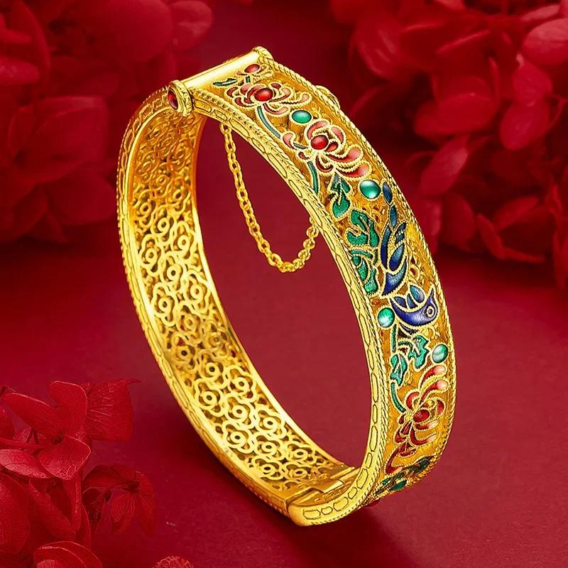 9999 real gold 24K yellow gold Ancient silk hollow flower and bird bracelet senior ladies bracelet