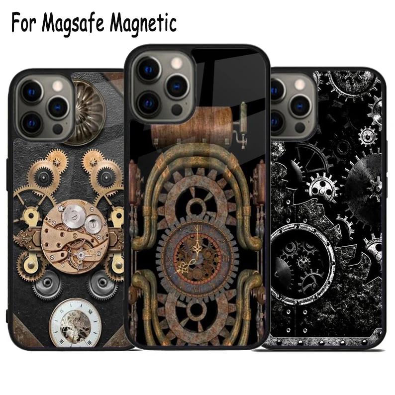 Steampunk Gears Vintage Time Machine Wireless Charge Magsafe Phone Case For iPhone 15 16 14 13 11 12 Pro Max Plus Magnetic Cover