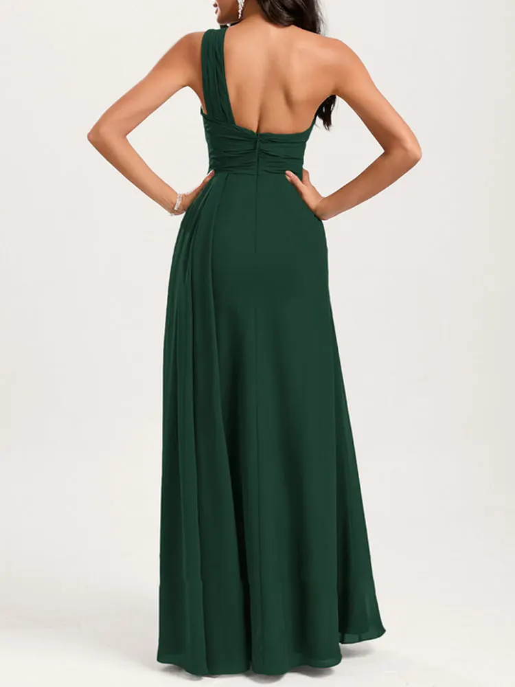 A-line Chiffon Floor-Length Bridesmaid Gowns One Shoulder Ruched Corset Prom Dresses With Split Sleeveless Backless Evening Gown