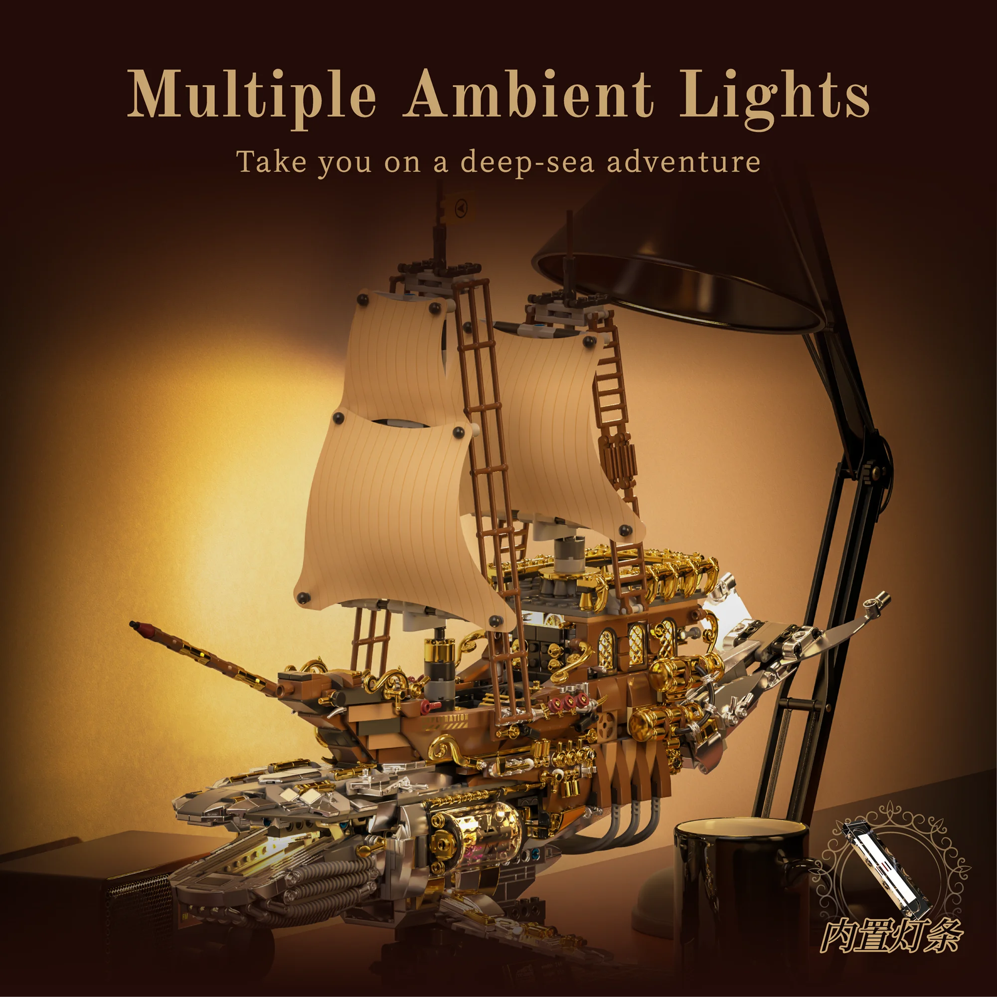

Vintage Steam Sailboat Mechanical Whale Ship Building Blocks Retro Steamboat With Lights Creative Bricks Decoration Toy Kid Gift