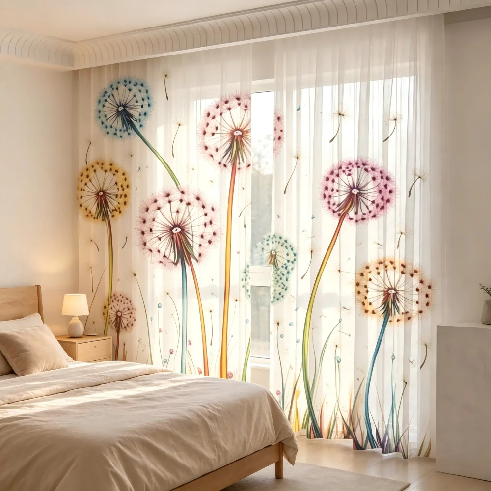 2PCS Digital Print Sheer Curtain, Colorful Dandelion, Whimsical Garden Nature - Voile Drapes for Bedroom Living Room Decor