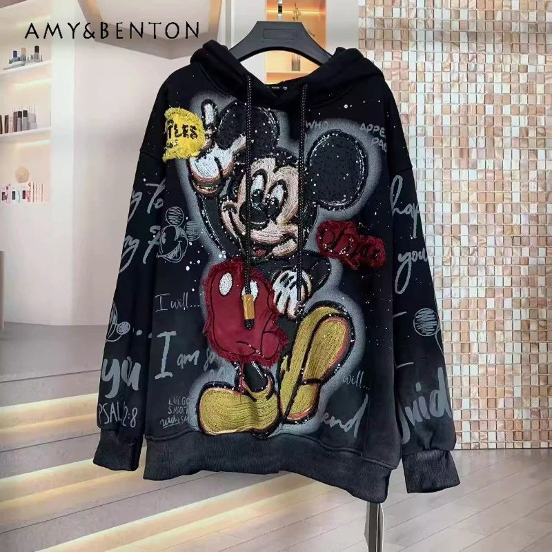 

Popular Brand Autumn Winter Fleece Hoodies Jacket Heavy Embroidery Cartoon Loose Fashion Thickened Hooded Sweatshirt Top Ladies