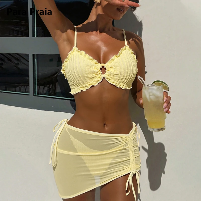 

Para Praia Yellow Three Pieces Bikini Set with Skirt 2026 Swimwear Women Sexy Swimsuit Beachdress Bathing Suit Outfits