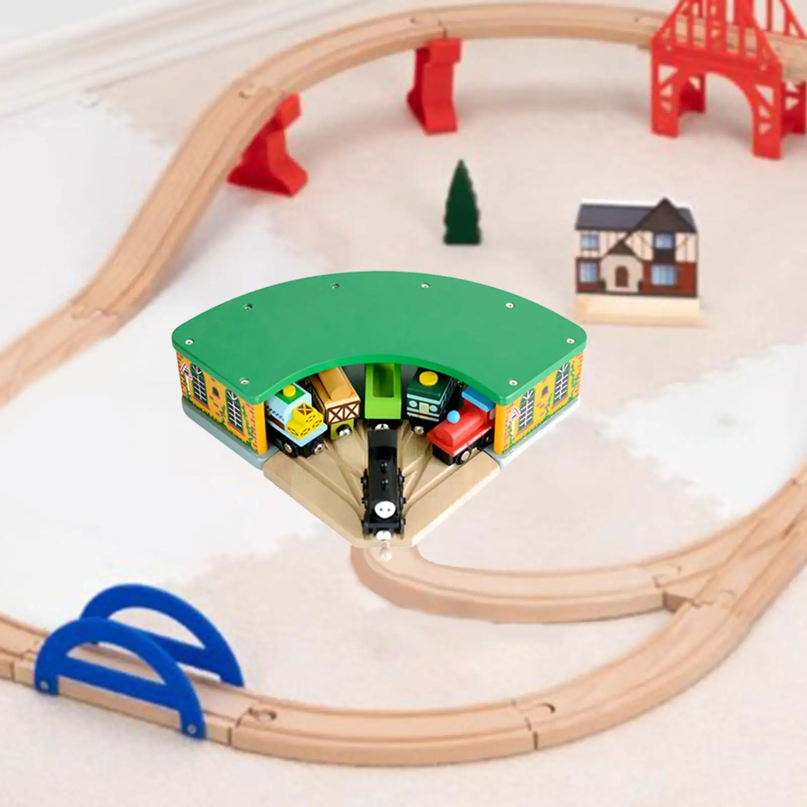 Wooden Train Round House Wood Train Shed Durable Compatible with Most Brand