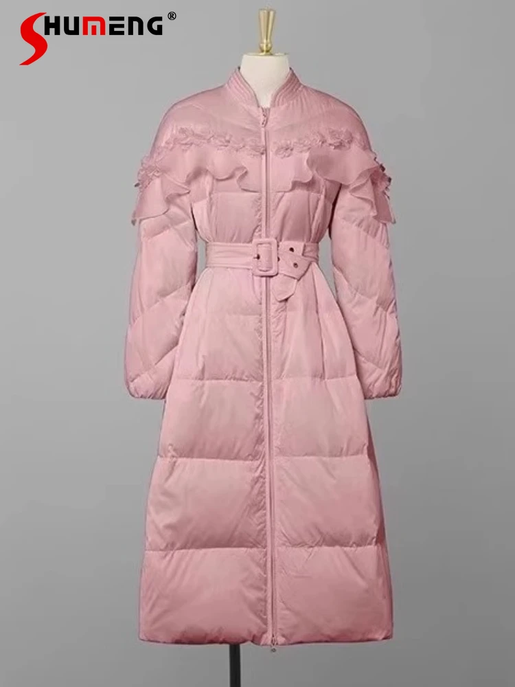 

2025 Women Winter New Elegant Fashion Stand Collar Chic White Duck Down Padded Jackets Thickened Waist-tight Over-the-Knee Coats