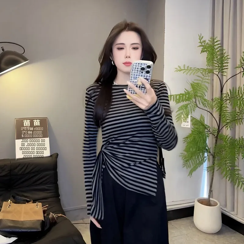 Slankmakende lange mouw T-shirt dames vroege herfst nieuw plus size riem tailleband gestreept top sexy katoen comfortabele pasvorm...