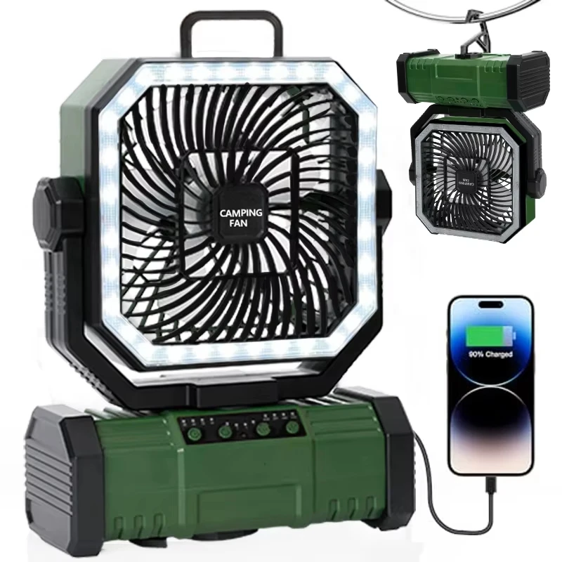 Outdoor Camping Fan 20000mAh Oplaadbare ventilator met LED-lantaarn en afstandsbediening voor vissen, reizen, 4 snelheden, 8 uur timer, ophanghaak - afbeelding 1