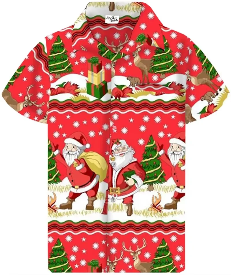 Pug Dog Graphic Merry Chrismas Hawaiian Shirts For Men Casual Short Sleeve Oversized Button Down Shirts Clothes Mens Tee Shirt