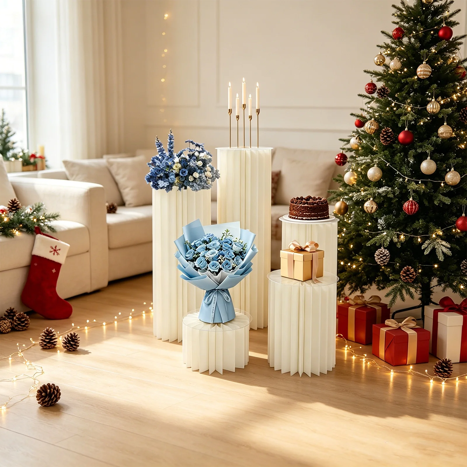 Wedding Centerpieces Cardboard Vases 5 Flower Vase Flowers Stand Weddings Decoration Table Cylinder Centerpiece Stands Honeycomb Foldable Cardboard Pillar With 11.8IN PVC Plate Max Load 110LBS For Wedding Birthday Engagement Table Road Decor