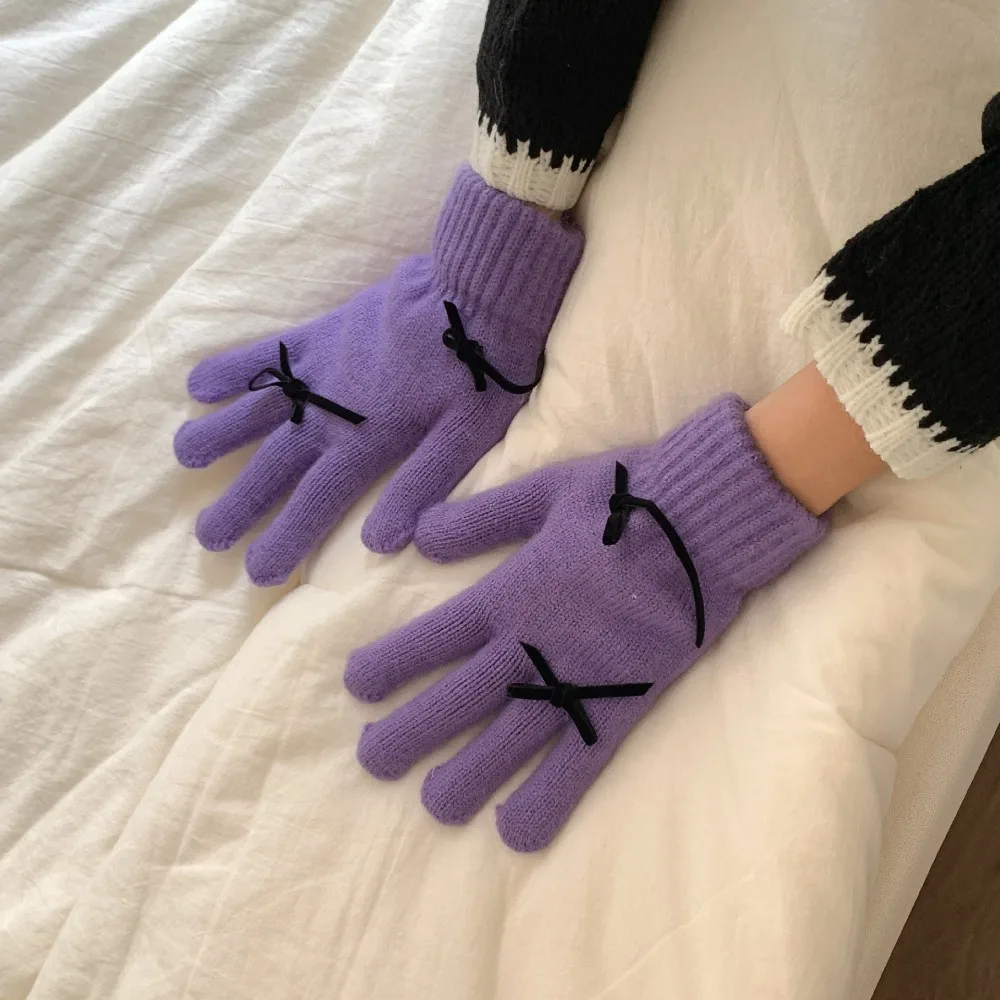 Guantes de punto con lazo para mujer, manoplas de invierno, a prueba de viento, Color sólido, a la moda