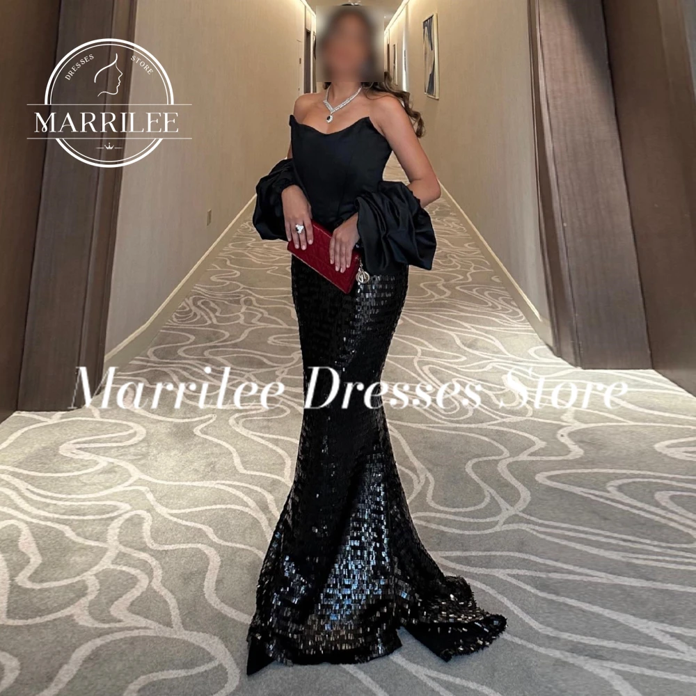 Marrilee  Scoop Solid Color Sleeveless Sequined Floor Length Sweep Train Mermaid Puff sleeves Elegant Luxury Evening Dress 2024