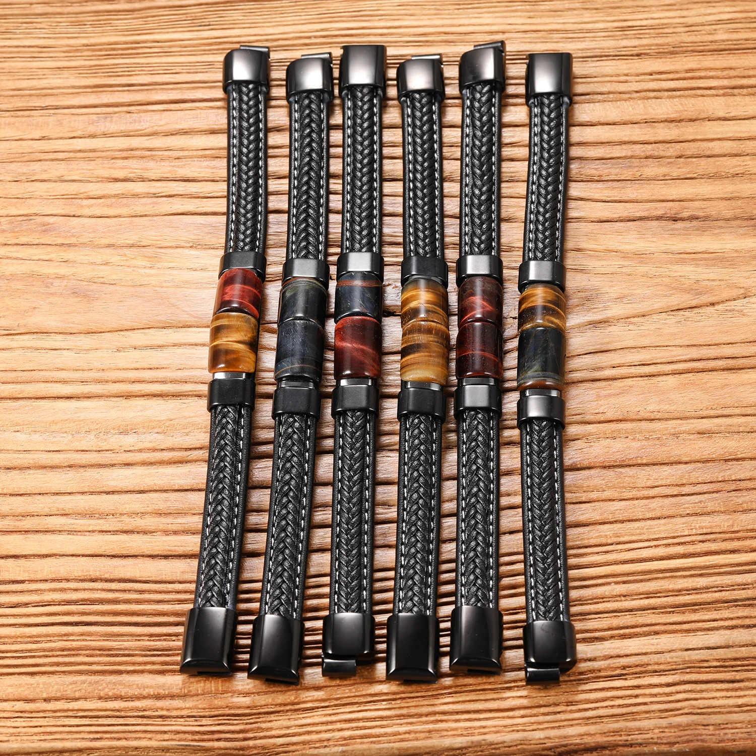 Natürliches Tigerauge-Steinarmband für Männer Hochwertiger Edelstahl Lederband Energiestein Pulseras Hombre Geschenk für Ihn – Detail 2
