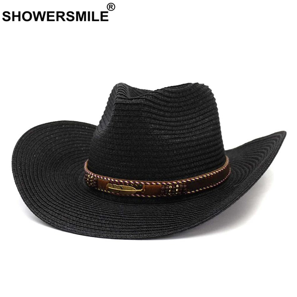 

SHOWERSMILE Black Sun Hats for Men Women Paper Straw Cowboy Hat Wide Brim Panama Beach Summer Hat New Design Brand Fedora Caps