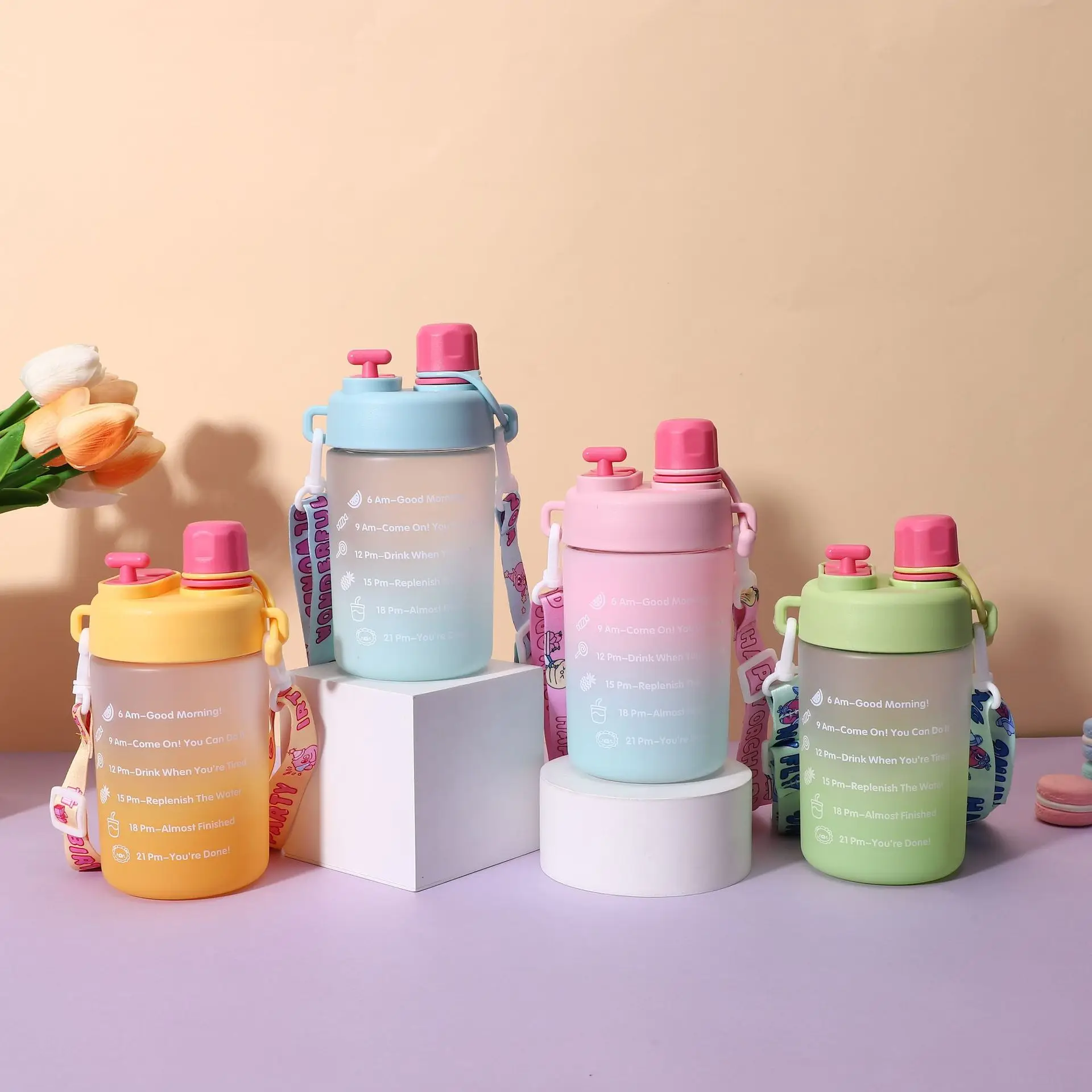 

600ML Gradient Plastic Water Bottles Portable Large Capacity Women Straw Cup Double Drinking Sport Water Pot For Students Girls
