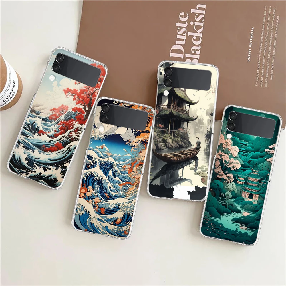 Phone Case For Samsung Galaxy Z Flip 3 4 5 Hard Folding Clear PC Bumper Japanese Landscape For Samsung Z Flip 6 Back Cover