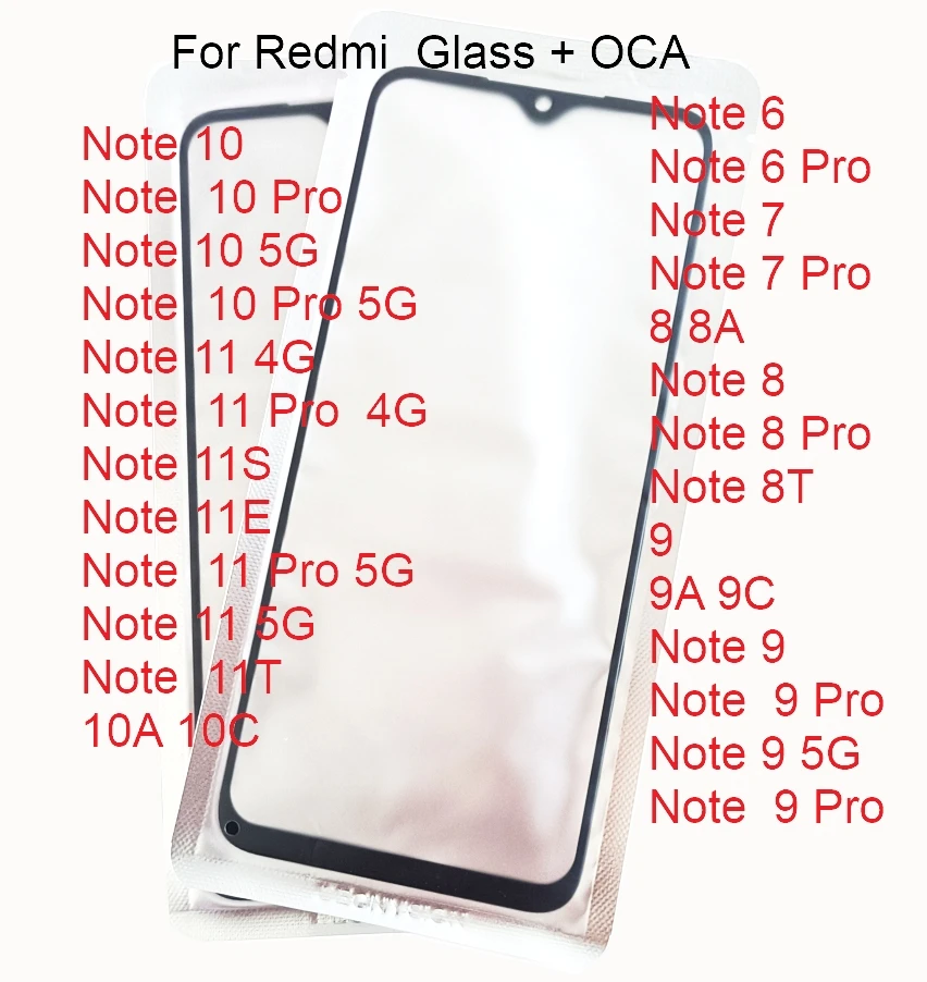 10Pcs/Lot GLASS +OCA LCD Front Outer Lens For Redmi Note 6 7 8 8A 8C 9 8A 9A 9C 9T 9S 10 4G 10C 10S 10T 11T 11E 11 11S Pro 5G 12