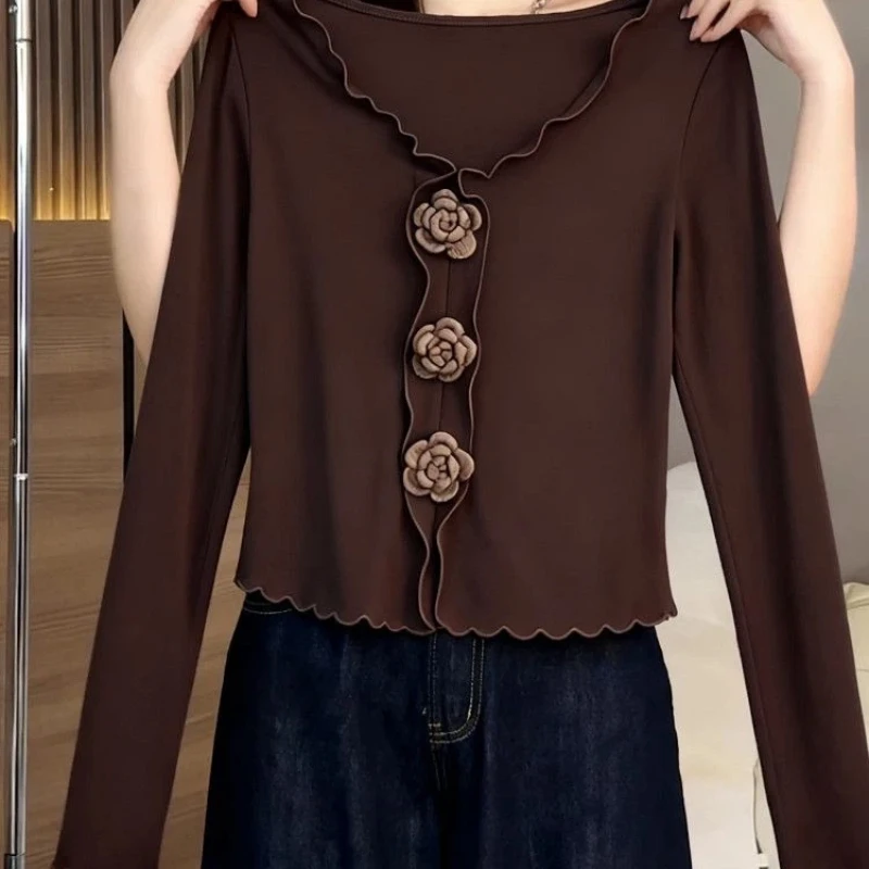 Elegant Women's Long Sleeve T-Shirt With Ruffled Collar And Floral Applique Decor For Office Wear