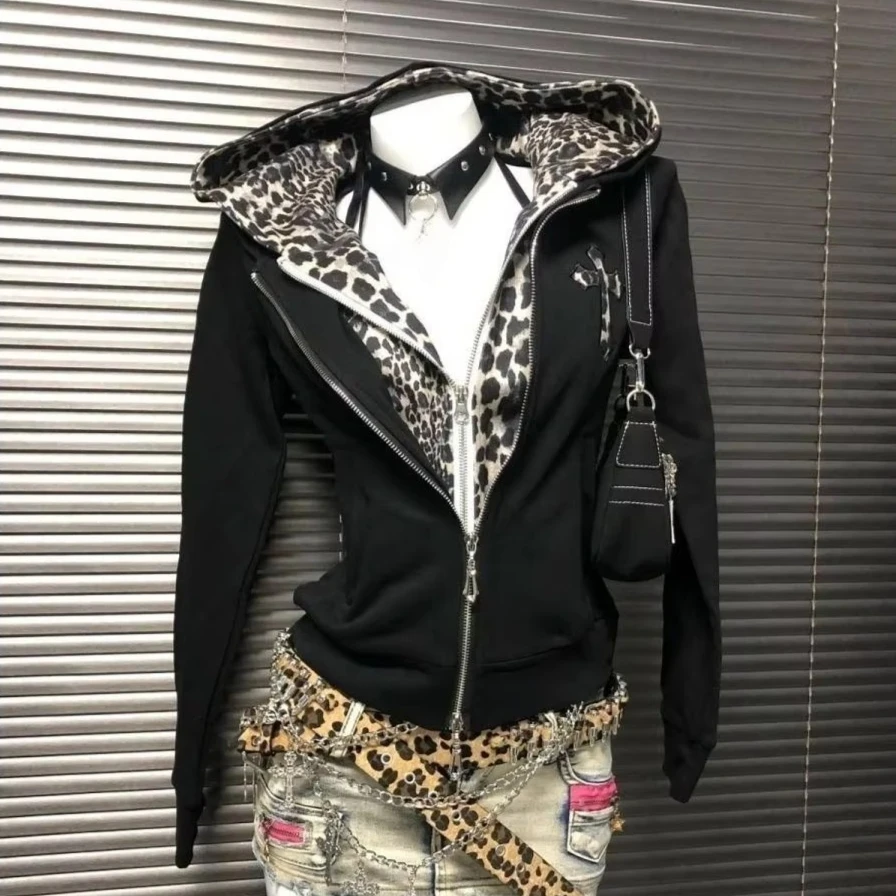 Y2K Fake Two Piece Kapuzenjacke für Damen, Leopardenmuster-Futter, Reißverschluss, lange Ärmel, schmale Passform, Streetwear, Indie-Ästhetik-Oberbekleidung