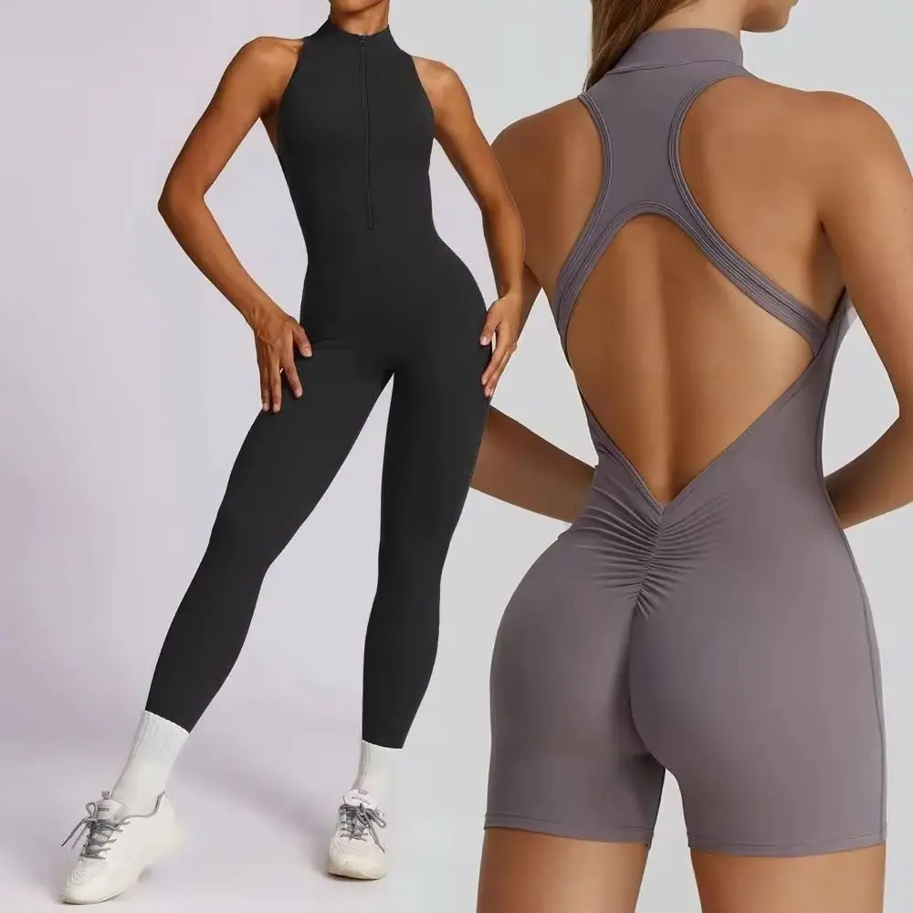 

Women V Back One-piece Suit Sports Jumpsuit Zippers Yoga Rompers Backless Sportswear Women Sleeveles Workout Bodysuits Female