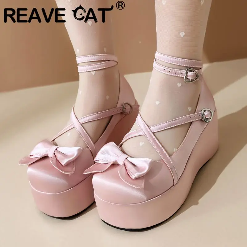 REAVE CAT Sweet Women Pumps 32 33 Lolita Toe Zeppe Tacchi alti 8,5 cm Piattaforma Bowknot 44 45 Scarpe da ragazza