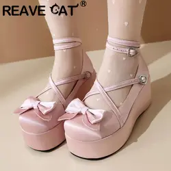 REAVE CAT Sweet Women Pumps 32 33 Lolita Toe Wedges High Heels 8.5cm Platform Bowknot 44 45 Girls Shoes