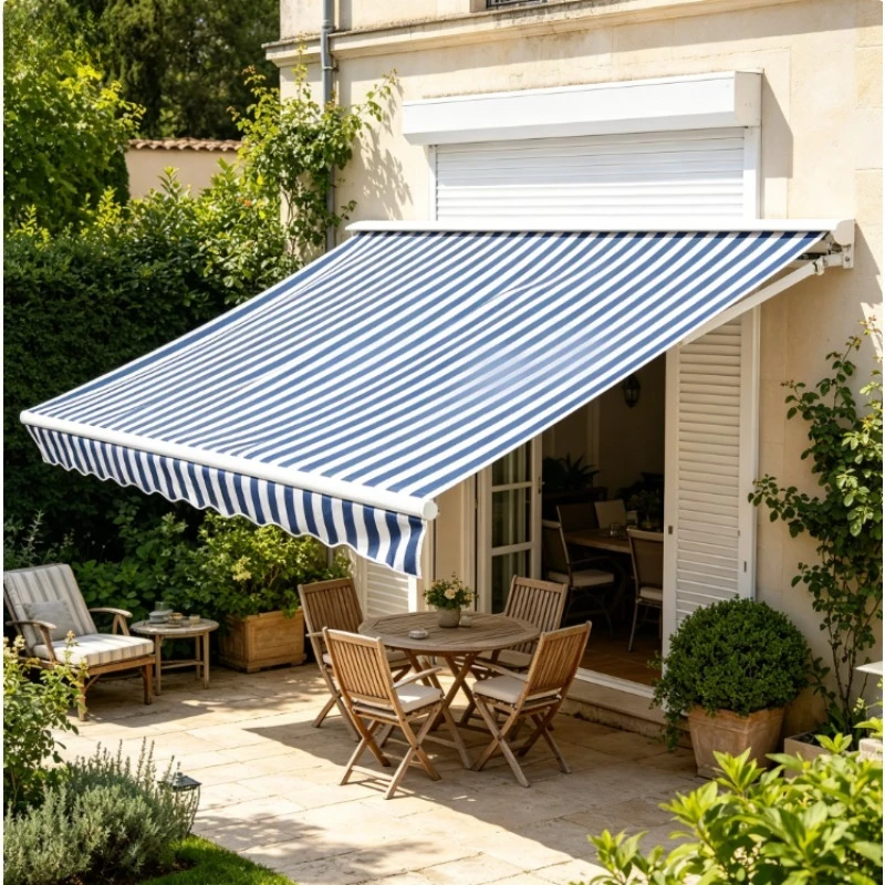 Lona de repuesto para toldo azul y blanco de 3x2,5m, poliéster anti-UV para terraza y jardín con ribete (sin marco)